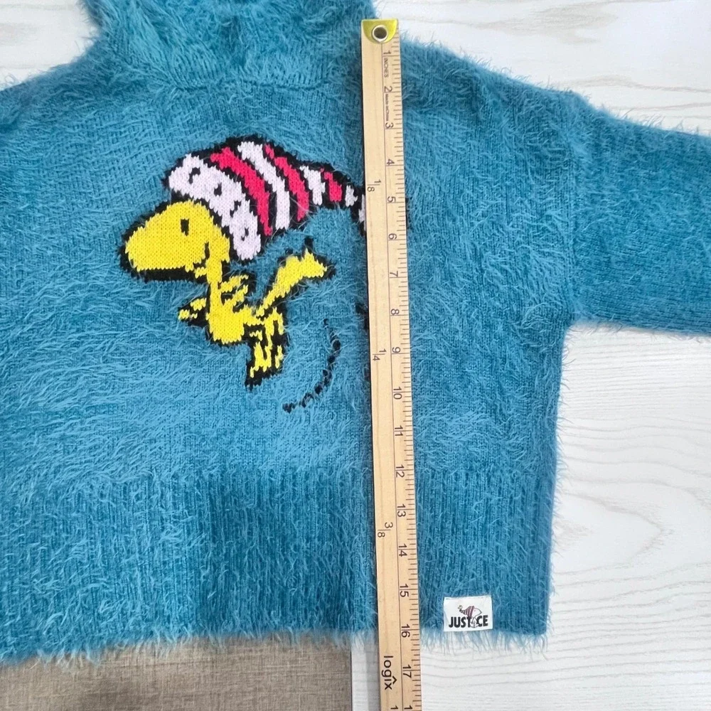 Justice Woodstock Peanuts Hoodie Sweater Girls XS 5/6 Sea Blue Fuzzy Holiday